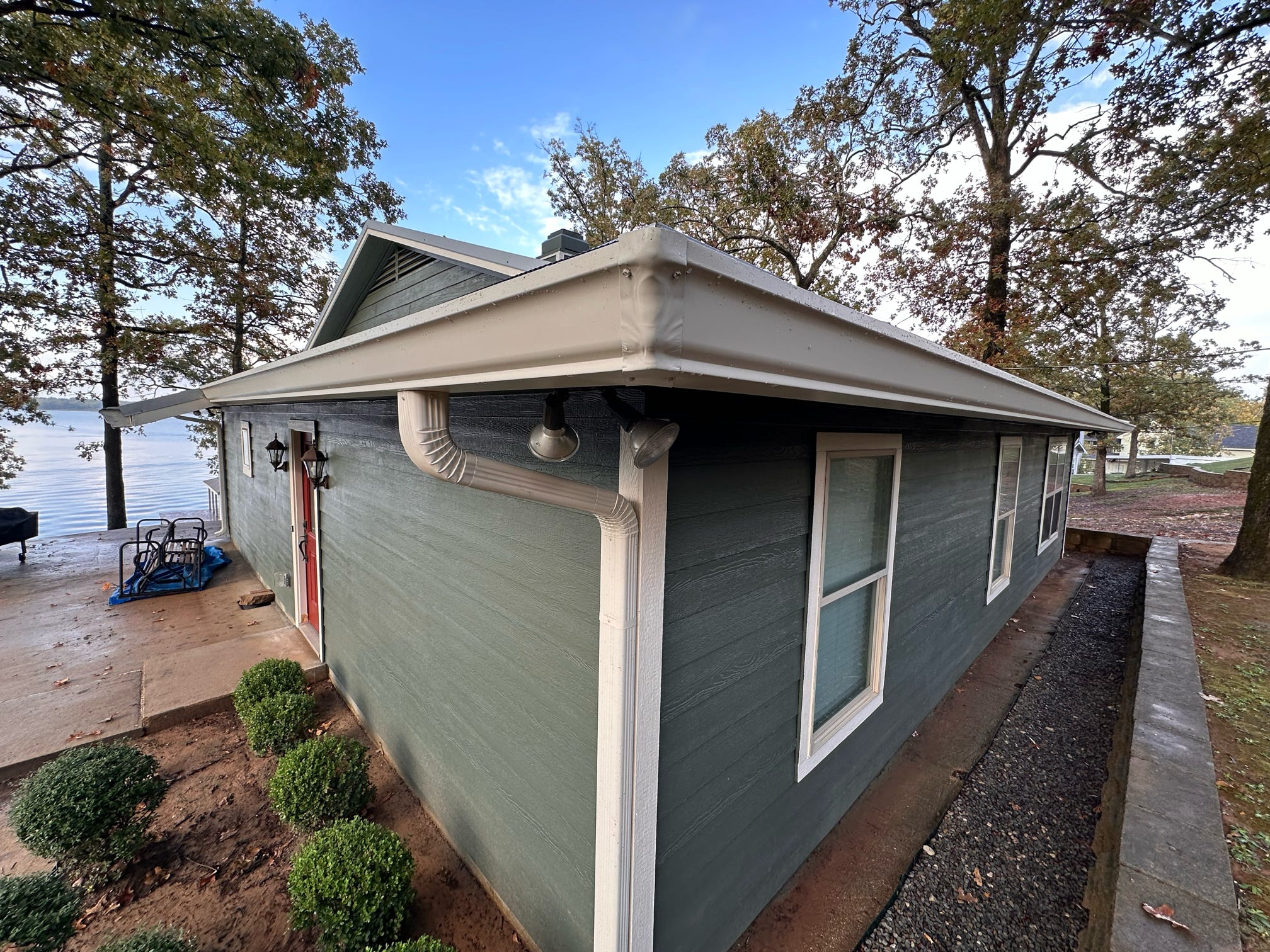 Decorative rain gutter system front of the house view